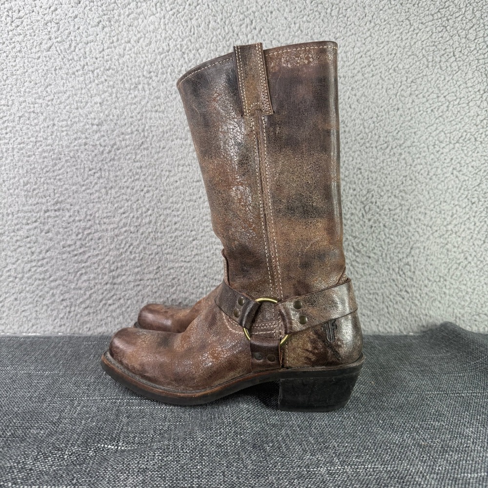Frye Harness 8R Boots Women 7.5 Brown Leather Moto Biker Square Toe USA Made‎